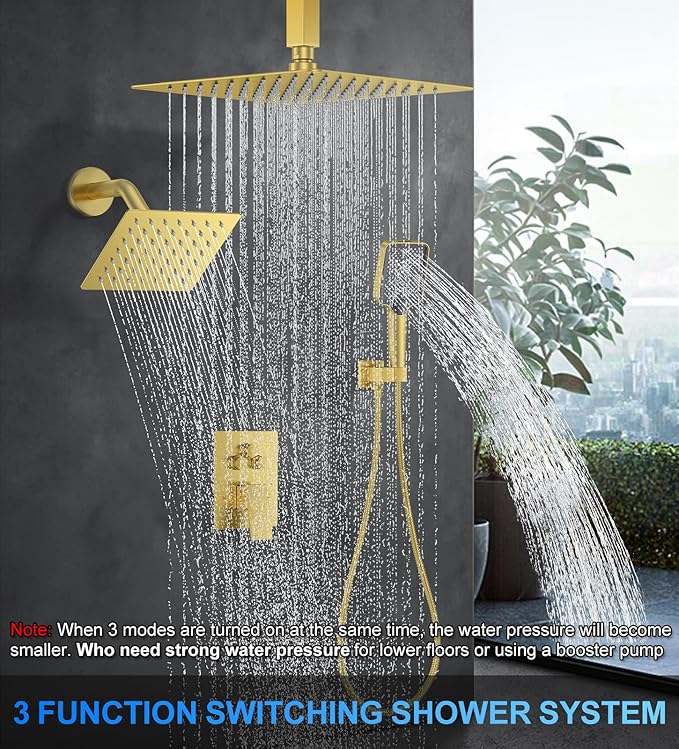 Shower Faucet Set, 10" Ceiling Mount Rainfall Shower System with 2 Rain Shower Head and Multi-function Handheld Head Push Button Diverter Shower Faucet Trim Kit Brushed Gold