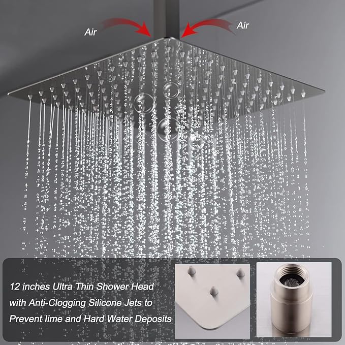 Temperature Display Shower Fixtures Brushed Nickel Rainfall Shower System, Push Button Shower Faucet with 2 Wall Mounted Shower Head(12+8"), Handheld Shower