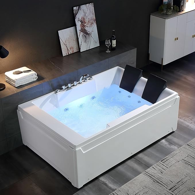 Empava 72" x 48" Whirlpool Tub, 2 Person Jetted Bathtub, Hydro Massage & Chromatherapy [ETL Certified], 3 Sided Apron, Acrylic , 1125 Watt, 110 Gallons, Left Drain