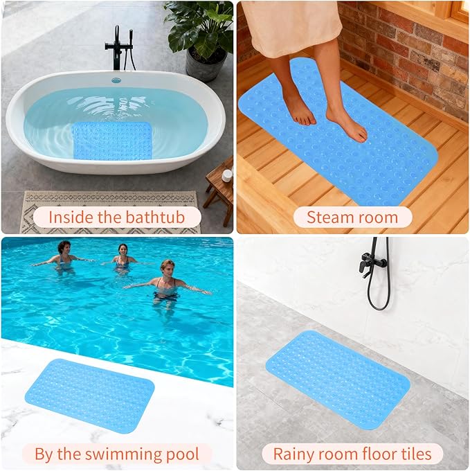 Anti-Slip Bathtub Shower mat, 27.5×14.5（Approximately 70×37cm） inch Soft Oversized Machine Washable Non-Slip Bathtub mat with Drainage Holes, Bathroom Floor Suction Cup.（1-Clear Blue）