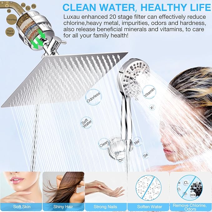 10" Dual Filtered Shower Head Showerhead Handheld Sprayer 20 Stage Water Filter Diverter 79" Hose Combo, Filtration Fixed Rain Rainfall, for Chlorine Well Water Hair Dry Skin, DSFC02 (square, 10")