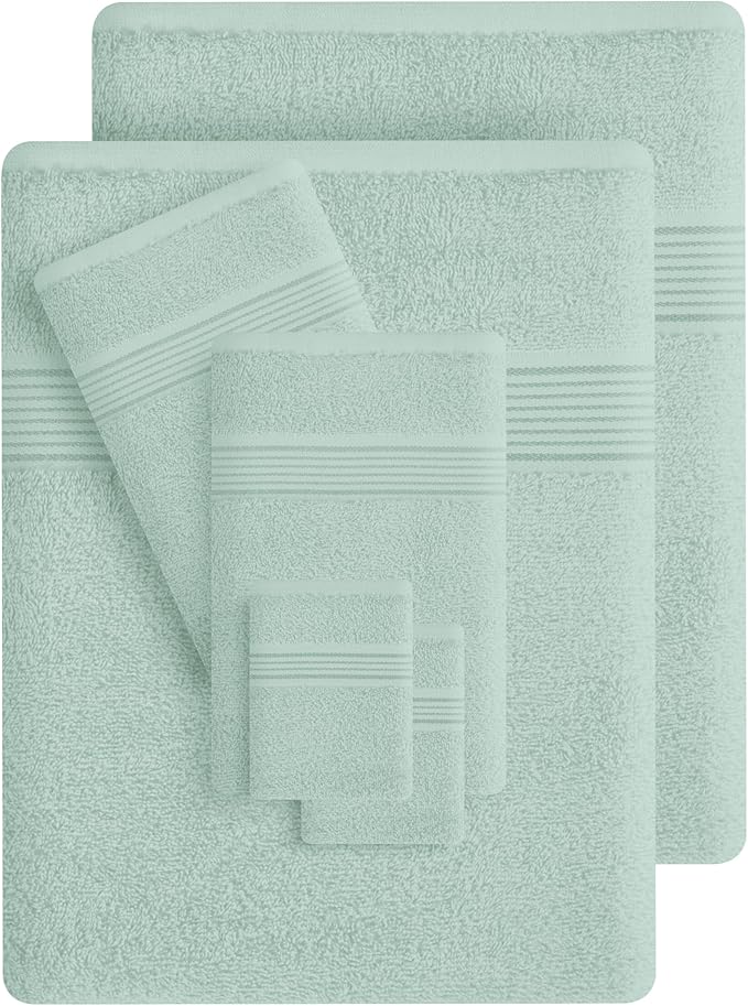 Belizzi Home 100% Cotton Towel Set, Contains 6 Soft Bath Towel, 6 Hand Towels, 12 Wash Cloths - Compact Absorbent Lightweight & Quickdry Towels for Bathroom - 24 Piece Bathroom Towel Set - Sea Green