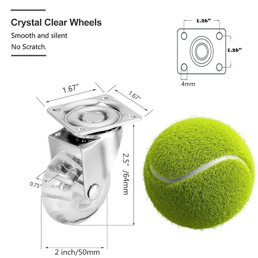 Caster Set of 4, Swivel Wheels for Furniture, 2 Inch Heavy Duty 500LBS Crystal - Image 2