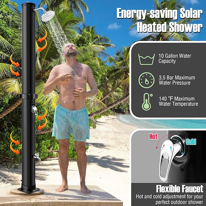 LDAILY Outdoor Shower, 10 Gallon Solar Heated Pool Shower with 360° Rotating Shower Head & Foot Tap, 7.2FT Freestanding Outside Shower Kits for Backyard, Beach, Garden (Black)