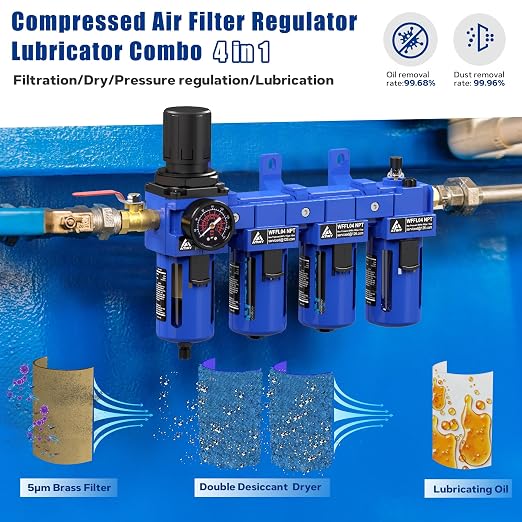 1/2" NPT Compressed Air Filter Regulator Lubricator Combo, Oil Water Separator - Image 3
