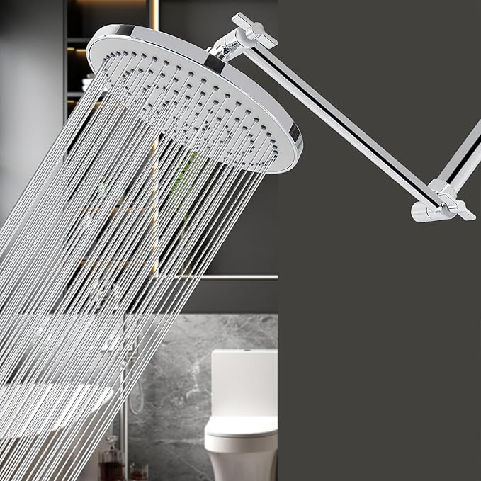 HarJue High Pressure Shower Head with 11 IN Adjustable Arm, Rainfall with Shower Arm-Make Water Flow Down Vertically for Better Bathing Experience(8 In, Chrome)
