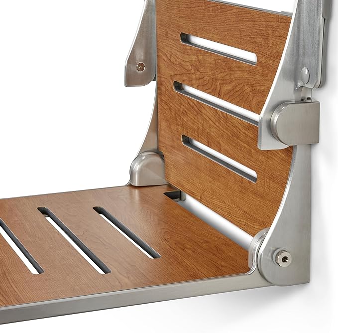 Seachrome Silhouette Comfort Folding Wall Mount Shower Bench Seat with Arms, Rustic Teak Seat with Silver Frame