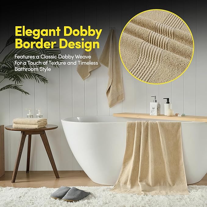 Bath Towels 8 Piece Towel Set – 100% Combed Cotton – Bath + Hand + Washcloths – Oeko-TEX Certified Soft & Absorbent Towels with Durable Double-Stitched Edges for Bathroom or Guest Spa, Beige