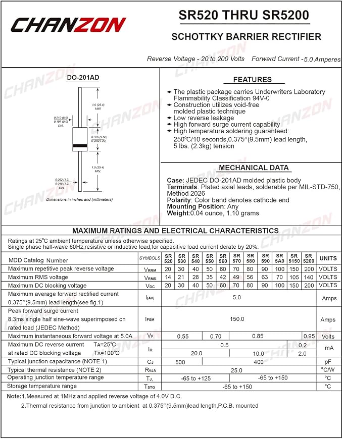 Chanzon SR560 Schottky Barrier Rectifier Diodes 5A 60V DO-201AD Axial 5 Amp 60 - Image 2