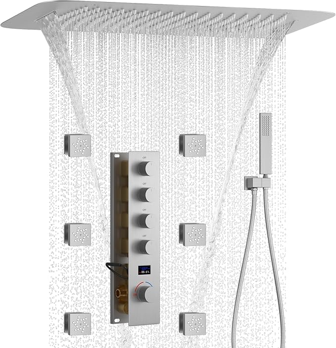 Brushed Nickel Digital Display Shower System with 16X24 inch Ceiling Mounted Shower Head(Rain&Waterfall Modes), with Handheld Spray and 6 PCS Dual Modes Body Jet