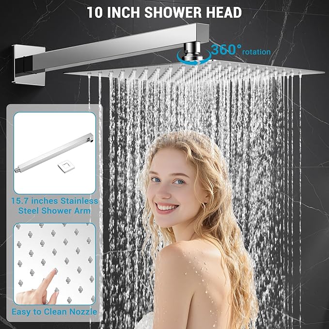 Shower Faucet set with Shower head, Wall Mount 10 Inch Square Rainfall Shower Head and Handle Set Single Handle Shower System Set with Female Threads Valve Body and Trim Included (Chrome)