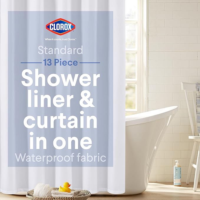 Clorox 2-in-1 Bathroom Shower Curtain Liner w Metal Hooks, Durable Fabric, Weighted Magnets for Bath Water Control, Washable Premium Quality, Modern - 72" x 72" White