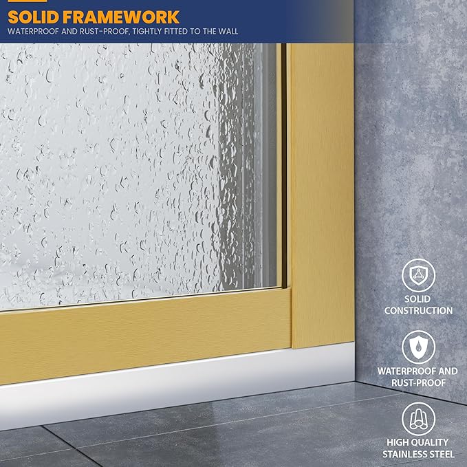 Glass Shower Panel, 32" W x 78" H Semi-Framed Fixed Shower Panel in Brushed Gold with 5/16"(8mm) Clear Tempered Glass Door, Simple Shower Door Panel for Bathroom