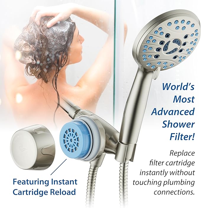 AquaCare Skin & Hair - World's Only Handheld Shower Head Filter with Built-in Hand Shower Bracket, ON/OFF Filtration Modes, Instant Cartridge Reload & Stay-Clean American KDF Cartridge, Satin Nickel