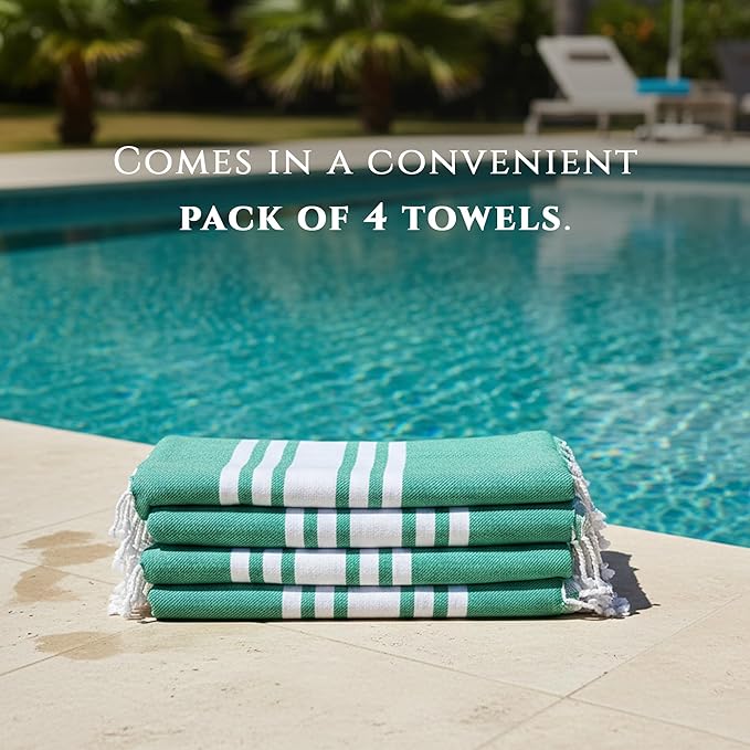 Turkish Cotton Beach Towel Pack of 4 & 1 Boho Tote Bag - Hammam Towels - No Shrink - Quick Dry - Lightweight - Sand Free - Camping - Pool - Tanning - Beach Essentials - Green (40"x70")