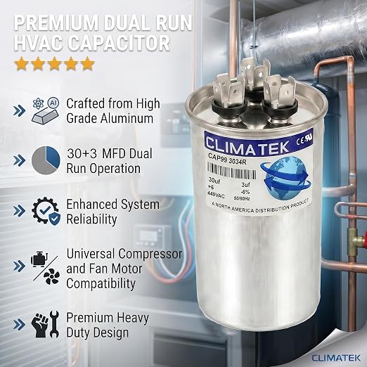 ClimaTek 30 + 3 MFD 370/440 Volt Dual Run Capacitor CAP99-3034R | 30/3 VAC | - Image 5