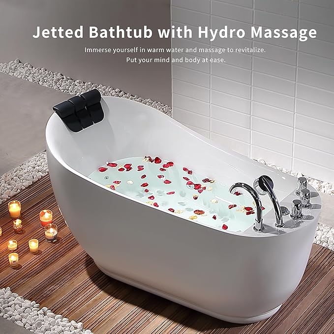 Empava 67 inch Acrylic Freestanding Whirlpool Bathtub with Hydromassage Gracefully Oval Shaped Adjustable Water Jets Soaking SPA, Single-Ended Massage Bathtubs with Black Pillow, ETL Certified, White