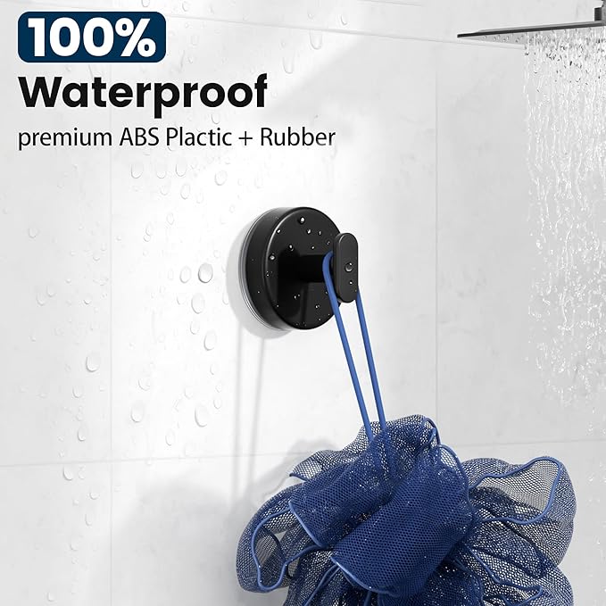 pickpiff Suction Cup Hooks for Shower: 15 LB Strong Wall Hanger for Bathroom, Front Door, Glass, Window, RV, Holder for Towel, Christmas Wreath, Coat, Loofah, Waterproof & Reusable, Black 6-Pack