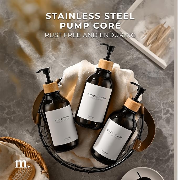 MaisoNovo Refillable Shampoo and Conditioner Bottles | 16.9 fl oz Set of 3 Amber Plastic Bottles Black Bamboo Pumps