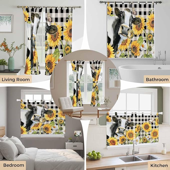 Retro Sunflowers Bathroom Curtains 63 Inch Length, Window Curtains Tab Top - Image 7
