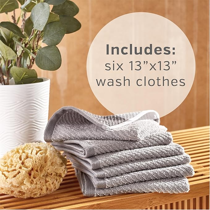 Wellbe 6-Piece Washcloth Set, Quick Dry, Absorbent, Soft, 13” x 13”, Grey