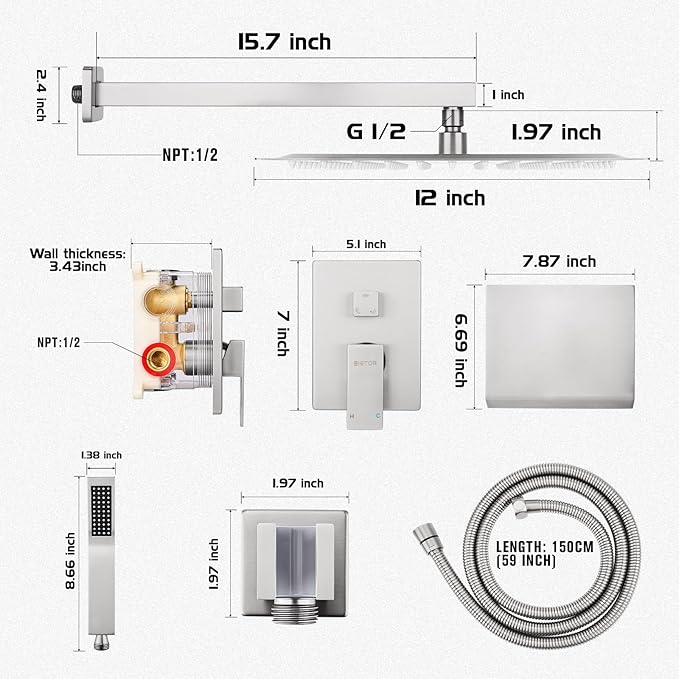 Wall Mounted Shower Faucet Set, Shower System with Tub Spout, 12 Inch Rainfall Shower Head with Handheld Spray, Waterfall Tub Spout Bathtub Faucet, Brushed Nickel