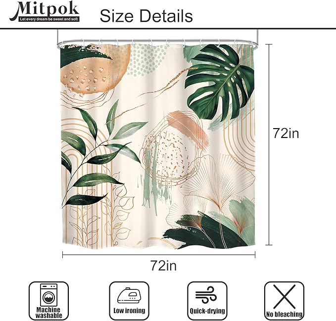 4 PCS Boho Shower Curtain Set 72Wx72H, Non-Slip Bath Rug Toilet Lid Cover and U Shape Mat Green Modern Tropical Palm Leaves Complete Bathroom Set Accessories with 12 Hooks Bathroom Decor