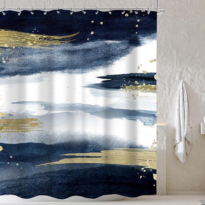 Cinbloo Navy Blue Marble Shower Curtain 60Wx72H Abstract Modern Ombre Gold Minimalist Bathroom Curtain Set Man Woman Aesthetic Oil Painting Ink Bath Curtain Fabric Bathroom Decor with 12 Hooks