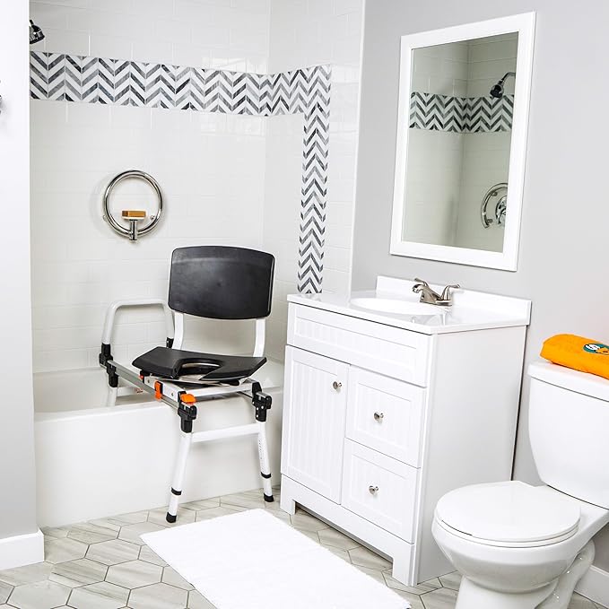 ShowerGlyde SG3 - FSA HSA Eligible | Sliding Transfer Bench for Tight Spaces, Swivel Seat, Grab Bar, and Height Adjustable - Ideal Sliding Shower Chair for Compact Bathrooms