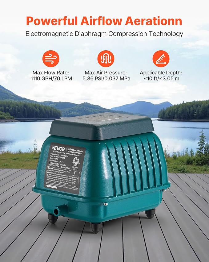 VEVOR Linear Air Pump 1110 GPH | Pond Aerator & Septic Tank Pump - Image 2