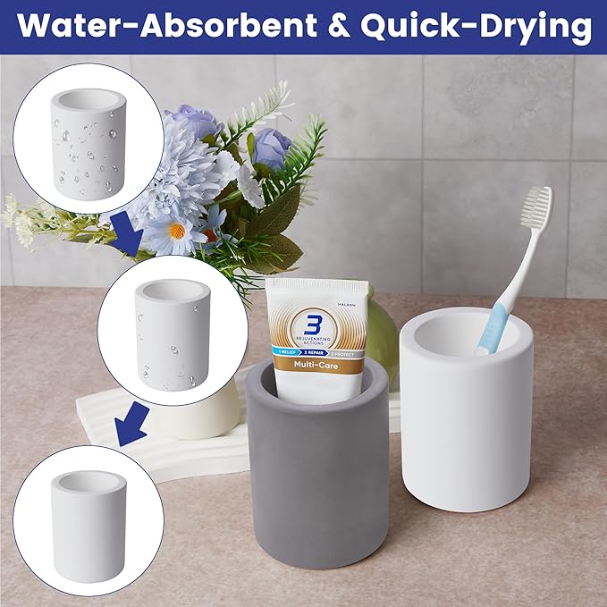 Drying Stone Toothbrush Holder, Diatomite Toothbrush Cup for Bathroom Counter, Quick Drying Electric Toothbrush and Toothpaste Holder Bathroom Organizer, White