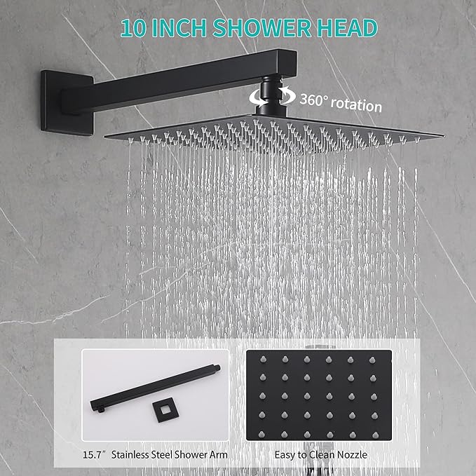 Matte Black Rain Shower System Combo: 10" Wall-Mounted Shower Fixtures with 2-in-1 Handheld Spray, Shower Valve with Body Jets, and Waterfall Spout Shower Faucet Set