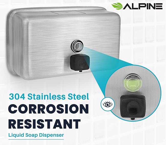 Alpine Commercial Wall-Mounted Soap Dispenser – Stainless Steel, Liquid, Manual Pump, ADA Compliant, 1200ml for High-Traffic Bathrooms (Horizontal)