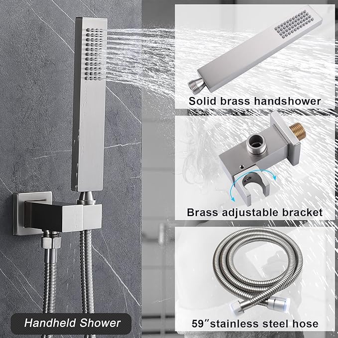 Digital Display Shower System Brushed Nickel Shower Faucet Set with 14X20 inch Ceiling Mounted Shower Head and 8 inch Wall Mounted Shower Head Combo, Handheld Shower