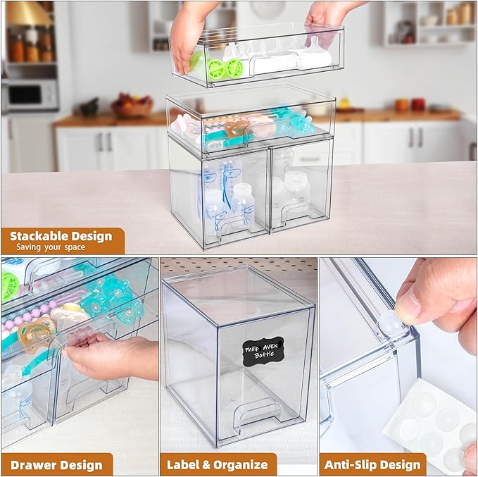 Baby Bottle Organizer, 4 Pack Stackable Storage Drawers with Labels, Clear Station Organizers Container for Pacifiers, Pump Parts, Desk Organizer Bins for Bathroom, Cabinet, Pantry, Vanity, Countertop