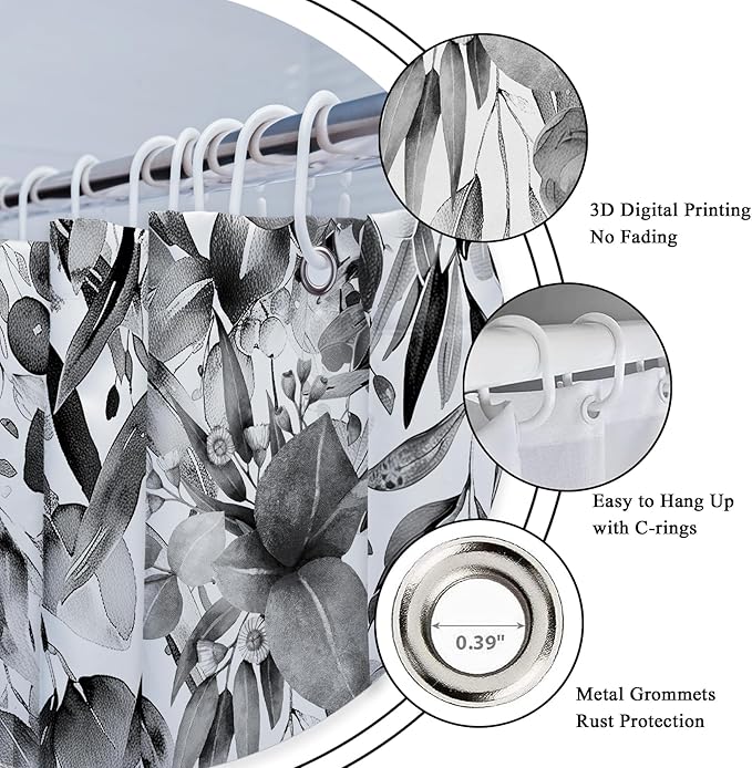 Riyidecor Black White Eucalyptus Shower Curtain for Bathroom Decor 72Wx72H Leaves Dark Plants Watercolor Floral Rustic Botanical Leaf Art Printed Fabric Polyester Waterproof 12 Pack Plastic