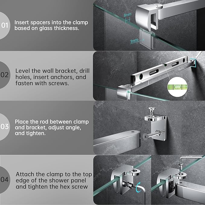 Frameless Shower Door Support Bar, Stainless Steel Wall-to-Glass Support Arm to Fixed Shower Glass Panel, for 1/4"-3/8" (6-10 mm) Door, 180° Pivot & Stow-Flat Mode (Chrome, 35.4-inch(900mm))
