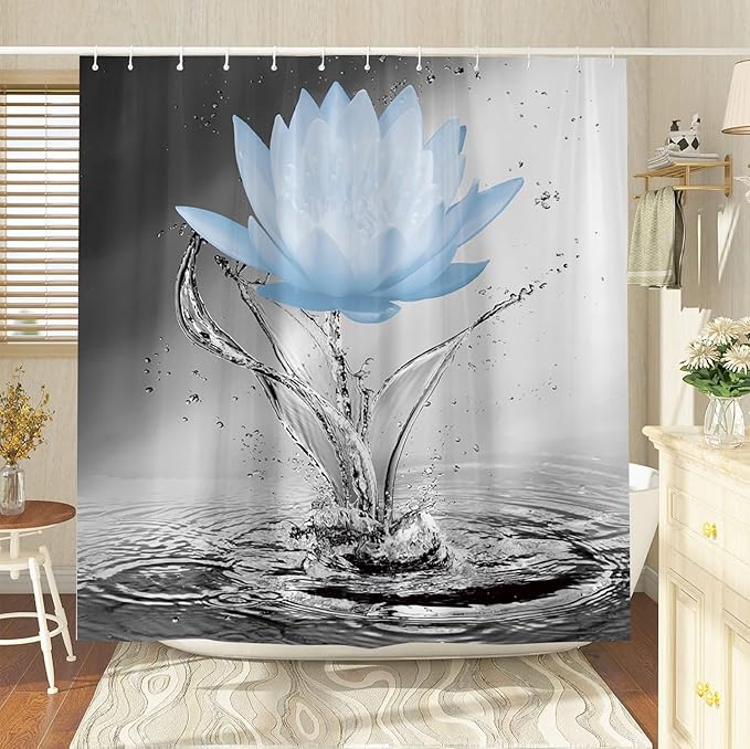 Lotus Shower Curtain Black White Grey Blue Flower Elegant Blooming Floral with Dew Spring Flower Reflection on Water Modern Romantic Polyester Fabric Bathroom Decor 70×70 Inch with Hook