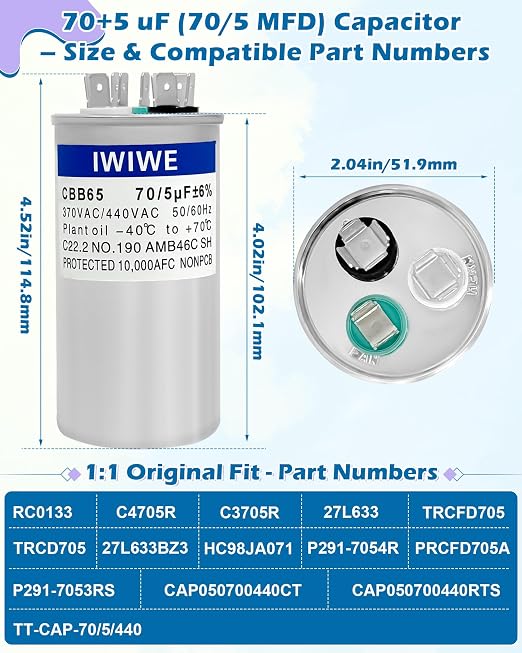 IWIWE 70+5 uF ±5% 370/440VAC CBB65/CBB65B Dual Run A/C Capacitor - Image 2