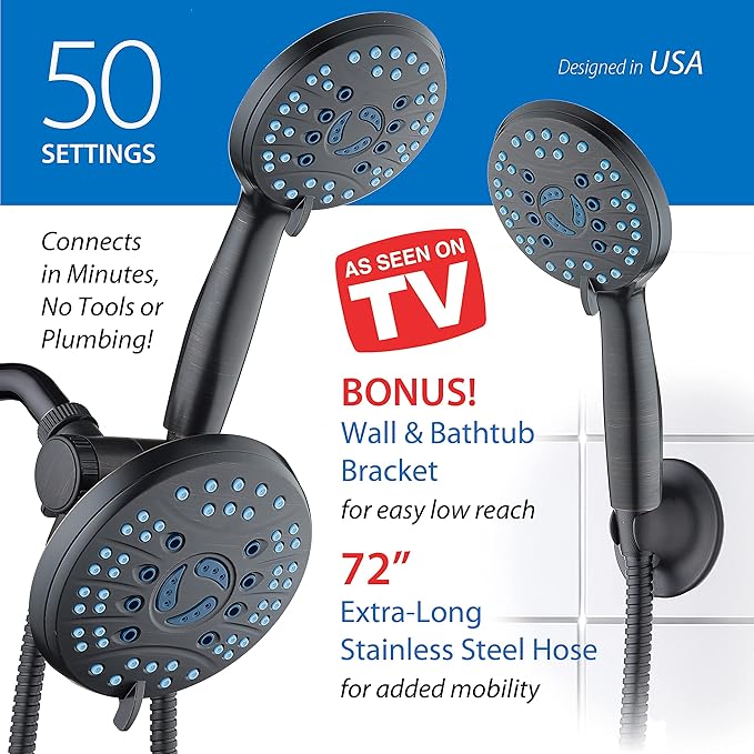 Hotel Spa AquaCare As-Seen-On-TV High Pressure Handheld & Rain 50-mode 3-way Shower Head Combo with Anti-clog Jets, 2-mode Tub & Pet Power Wash, Extra Wall Bracket, 6 ft. Hose, Oil Rubbed Bronze