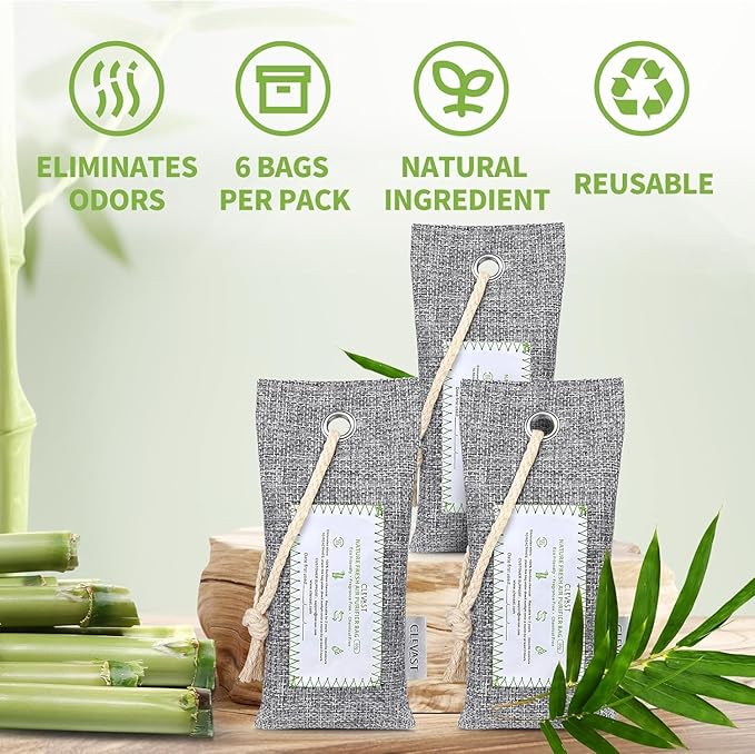 CLEVAST 6 Pack Activated Bamboo Charcoal Air Purifying Bags(6x60g), Natural Fresh Odor Absorber, Deodorizer and Moisture Eliminator, Air Purifier Bags for Home, Closet, Shoes, Car Air freshener