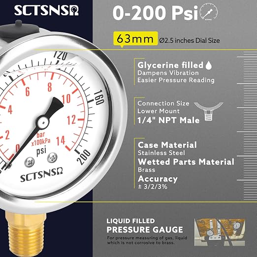 2-1/2" Dial Size, 0-200 Psi Pressure Gauge, Glycerin Liquid Filled, 1/4" NPT - Image 2