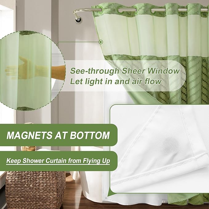 Extra Long No Hooks Shower Curtains, 98 Inches Long Boho Tufted Chevron Striped Fabric Shower Curtain for Bathroom with Snap in Liner, Water Resistant Cloth Shower Curtain Set, Sage Green, 72x98