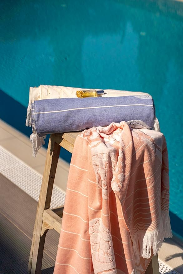 SOFE H&L | LINVIA Foutah Quick Dry Beach Towel Pack of 2 (35” x 70”) CARETTA - Blue | Lightweight, Premium, Fade Resistant, Durable | Travel Towel, Turkish Beach Towel with Shoulder Strap