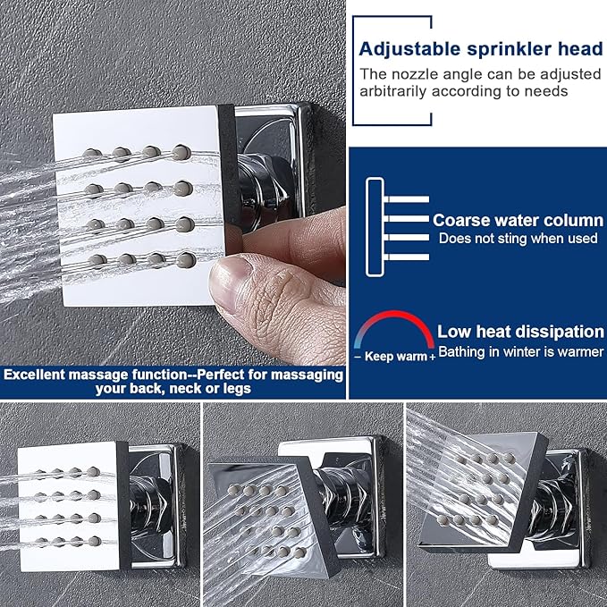 Thermostatic Shower System Dual Shower Heads with 16" Ceiling Mounted Rain Shower Head & 6" Wall Mounted Head 4 Function Full Body Shower System with body jets Can All Run Together, Chrome