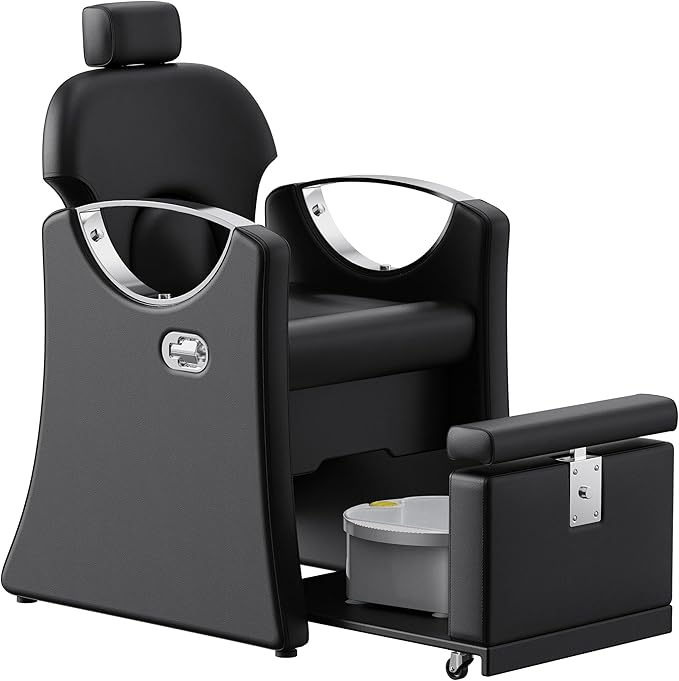 Pedicure Station for Nail Tech, Reclining Pedicure Chair with Massage Foot Bath, No Plumbing Pedicure Station Unit (Black-Sliver)