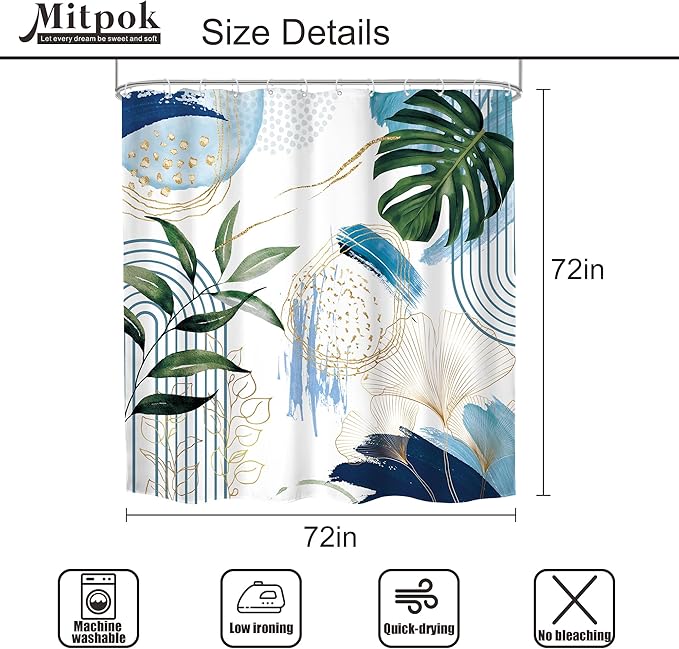 4 PCS Blue Boho Shower Curtain Set 72Wx72H Non-Slip Bath Rug Toilet Lid Cover and U Shape Mat Navy Modern Tropical Palm Leaves Complete Bathroom Set Accessories with 12 Hooks Bathroom Decor