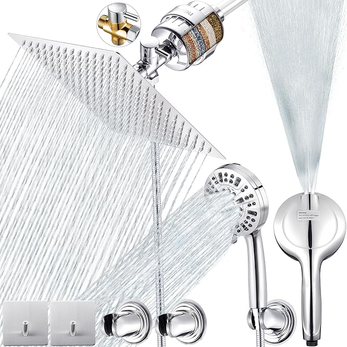 10" Dual Filtered Shower Head Showerhead Handheld Sprayer 20 Stage Water Filter Diverter 79" Hose Combo, Filtration Fixed Rain Rainfall, for Chlorine Well Water Hair Dry Skin, DSFC02 (square, 10")