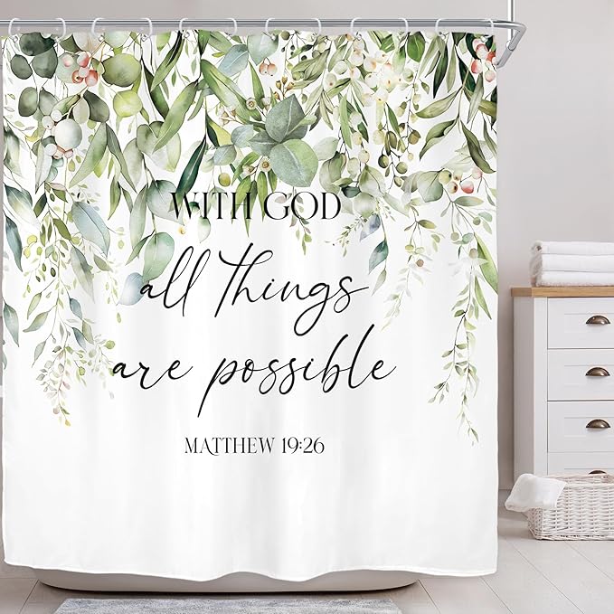 Riyidecor Sage Green Eucalyptus Leaves Shower Curtain for Bathroom Decor 72Wx72H Bible Verse Quotes Spring Floral Botanical Watercolor Art Printed Fabric Polyester Waterproof 12 Pack Metal Hooks
