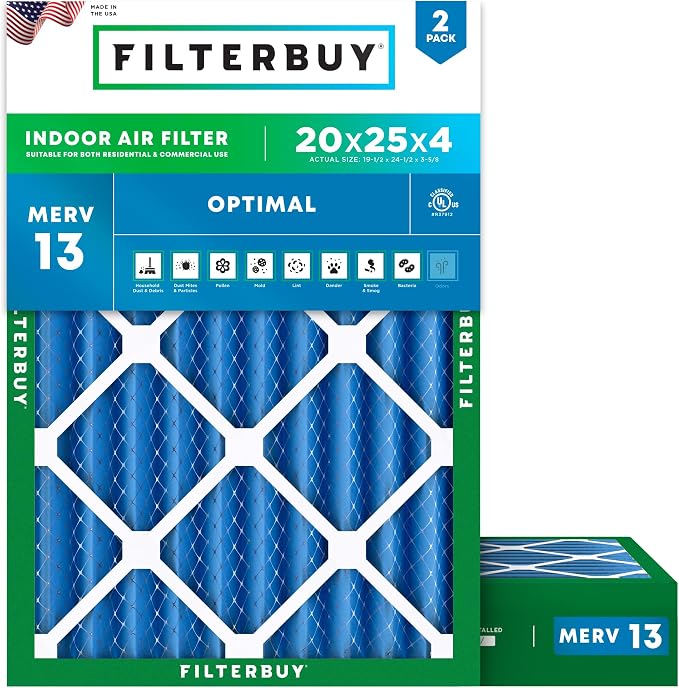 Filterbuy 20x25x4 Air Filter MERV 13 Optimal Smoke & Allergy Defense, by Filterbuy